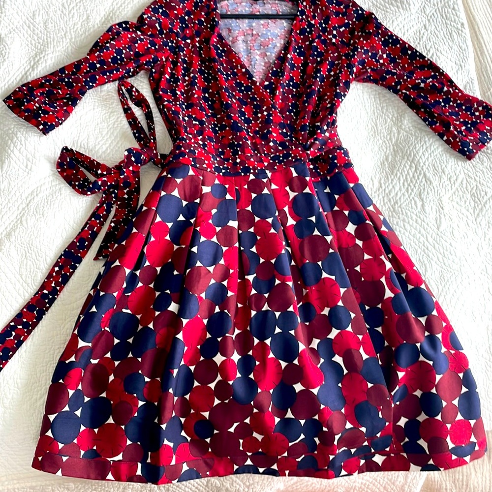 Diane Von Furtensberg Red/Blue Wrap dress with pleats